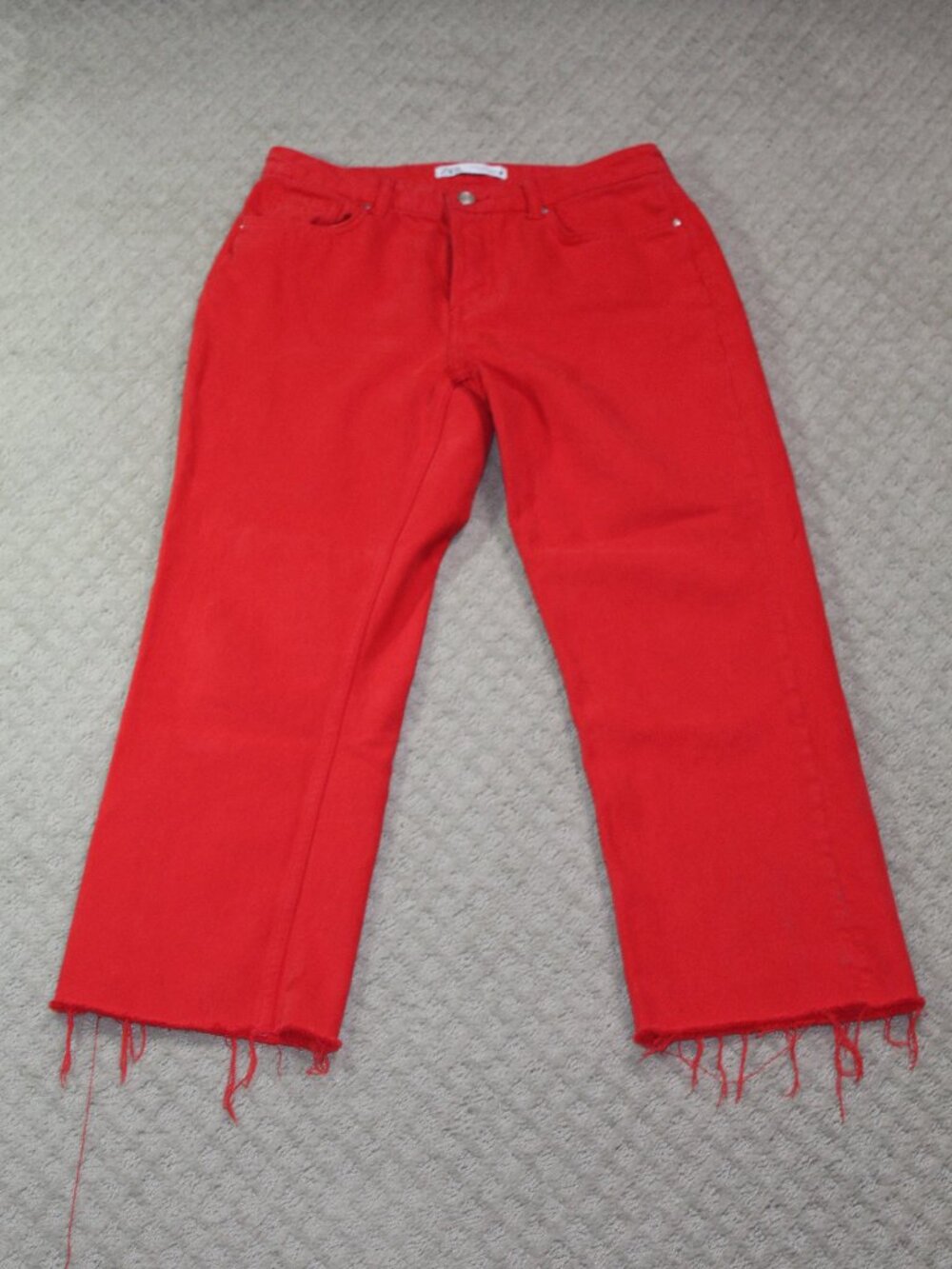 Zara Size 8 Red 100% Cotton Button Fly  Wide Leg Raw Hem Denim Jeans